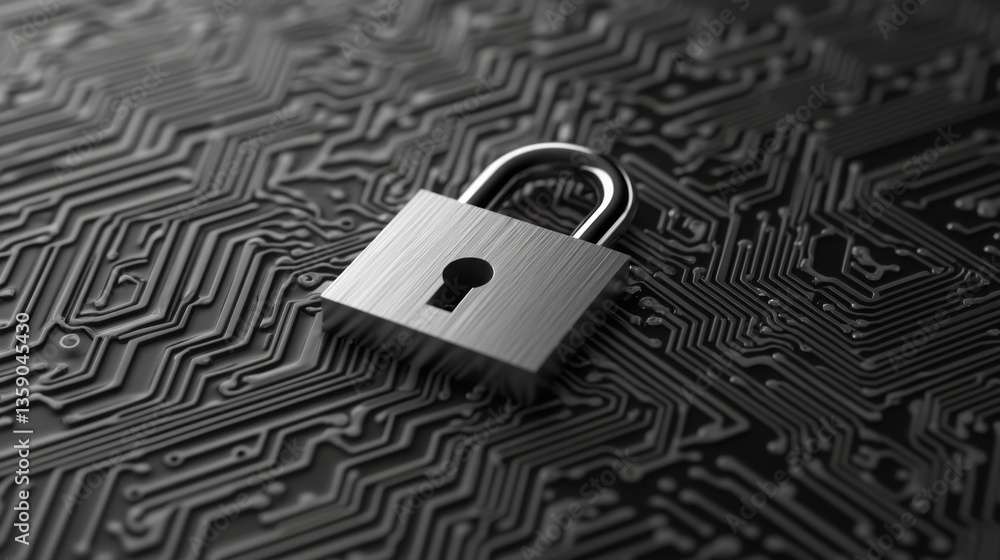 Poster Silver Padlock on Circuit Pattern Background for Security Concept