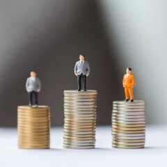 People figurines stand on money stacks