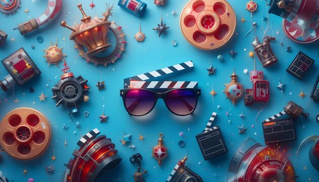 Playful Movie Themed Flatlay: Film Reels, Clapperboard, and Sunglasses on Blue Background
