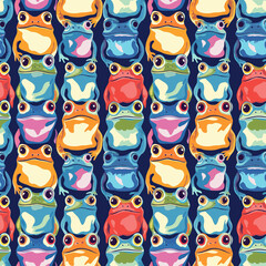 Seamless frog pattern with colorful stylized cartoon faces in pop-art style, vibrant amphibian design for bold textiles and kids’ prints