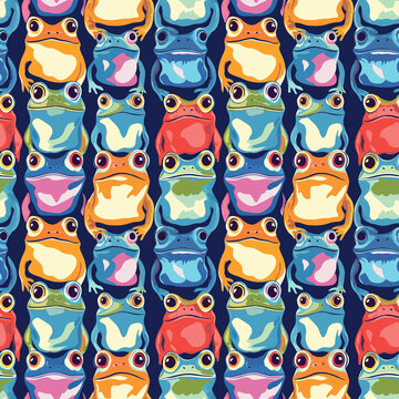 Fototapeta Seamless frog pattern with colorful stylized cartoon faces in pop-art style, vibrant amphibian design for bold textiles and kids’ prints