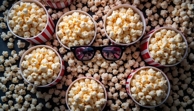 Popcorn and 3D Glasses on Dark Background