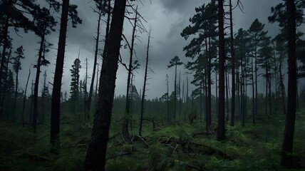 Obraz premium Dark Forest Moody Landscape Mysterious Woods Evergreen Trees Overcast Sky