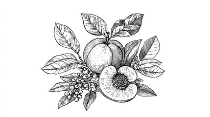 Detailed Black and White Botanical Illustration of Peaches and Apricots Surrounded by Leaves