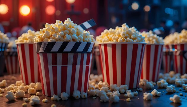 Popcorn in Red and White Striped Buckets on Dark Wooden Table with Blurred Movie Theater Background