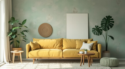 mustard yellow couch in a sunlit living room