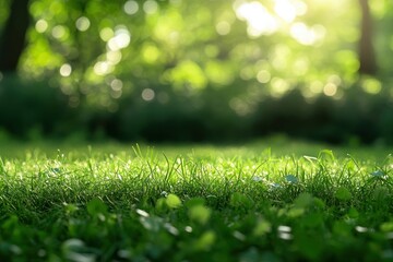 Naklejka premium Sunlight Glimmering Through Trees Onto Lush Green Grass in Nature