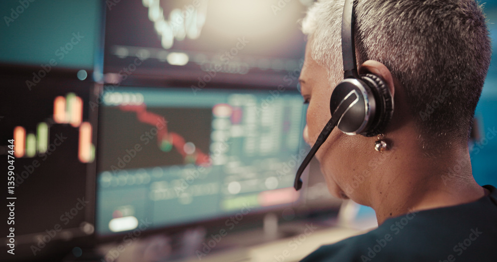 Fototapete stock market, woman and headset by computer screen with financial graphs for nft analysis and tradin
