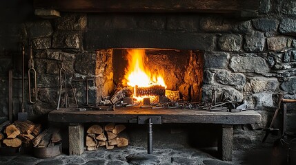 Stone-walled forge in the Middle Ages, a roaring fireplace lighting up the room blacksmith's tools scattered on a sturdy wooden bench.  