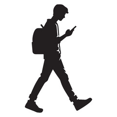 Silhouette of Student Walking and Looking at Phone Illustration