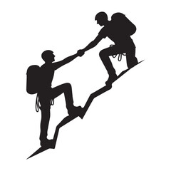 Silhouette of Two Hikers Helping Each Other on Mountain Climb