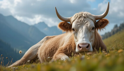 Tan and White Cow Resting in Mountain Pasture