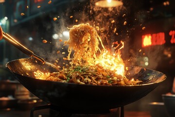 Spicy wok dish with flying noodles.  High heat stir-fry in motion