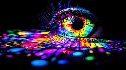 Close-Up of a Colorful Eye with Abstract Light Patterns and Vibrant Colors in Dark Background