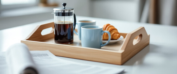 wooden tray with two mugs of coffee a french press and a croissant