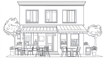 Outline drawing of a cafe exterior with patio seating