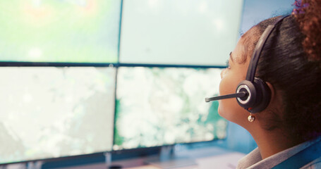 Computer, screen tracking or woman with headset in control room for weather forecast, satellite maps and navigation. Meteorology, person and radar technology for climate pattern, atmosphere or system