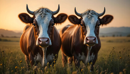 Two Brown and White Cows in a Sunset Field
