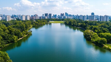 Fototapeta premium Green spaces embracing city skyline urban park aerial view lush environment nature concept