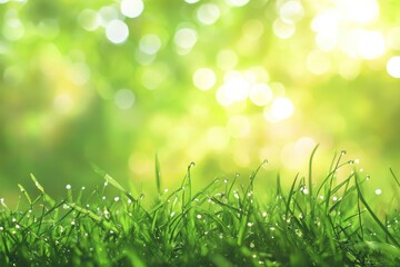Green Grass with Dew Drops Shines in Soft Bokeh Light