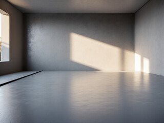 Obraz premium A minimalist architectural space with concrete walls and floor, illuminated by warm sunlight. The open design blends indoor and outdoor elements, creating a modern and serene atmosphere.