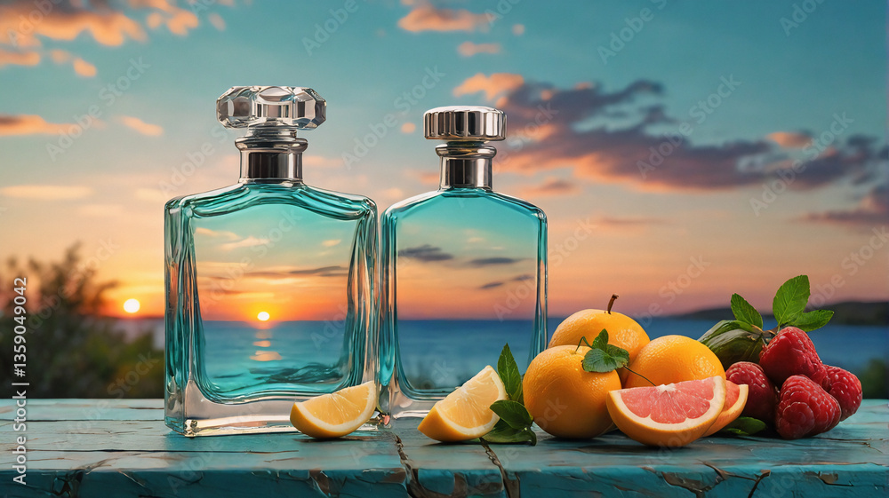 Poster two perfume bottles are showcased with citrus fruits and raspberries on a wooden table against a bac