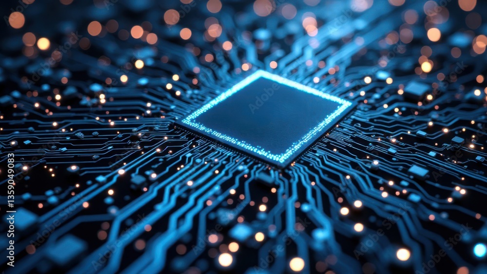 Poster high-tech circuit board with glowing chip and digital connections