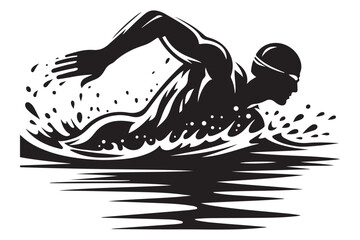 Silhouette Swimmer Performing Butterfly Stroke in Water Aquatic Sport