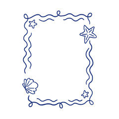 Marine frame of wavy lines, sea stars, shell. Hand drawn blue ink summer holiday border wreath. Vintage sea beach background for greeting cards, wedding, invitations, social media
