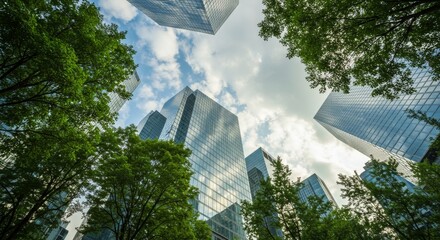 Skyscrapers and trees seen from below during a cloudy day