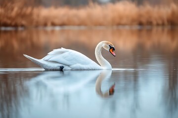 Fototapeta premium Tranquil Elegance: Serene Swans and Their Reflection on a Peaceful Calm Lake