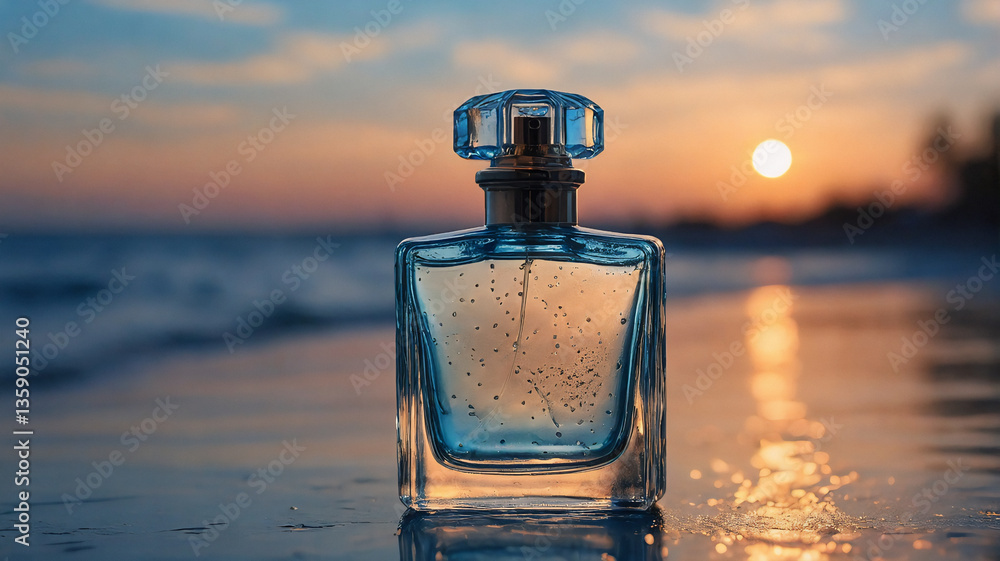 Poster a clear glass perfume bottle with a faceted cap rests on a sandy beach as gentle waves roll in durin