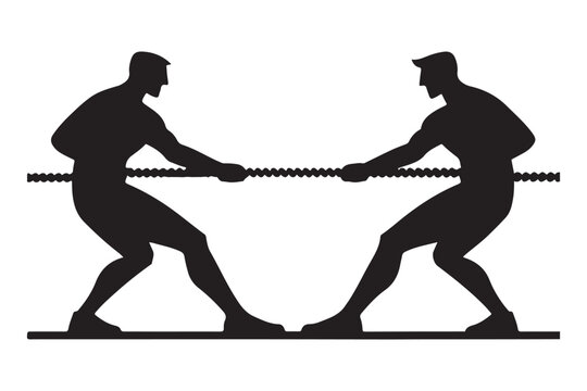 Silhouette Two Men Tug of War Competitive Strength and Strategy