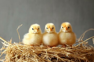 Three Adorable Chicks: Captivating Scene on Straw with Subtle Grey Background