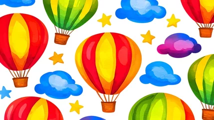 Poster Colorful Hot Air Balloons Floating Among Bright Clouds and Stars in a Whimsical Pattern