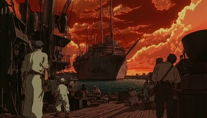 Large Ship Arrives at Harbor Sunset Scene