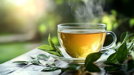 A steaming cup of green tea accompanied by fresh, vibrant leaves, ideal for promoting health, relaxation, and culinary creativity