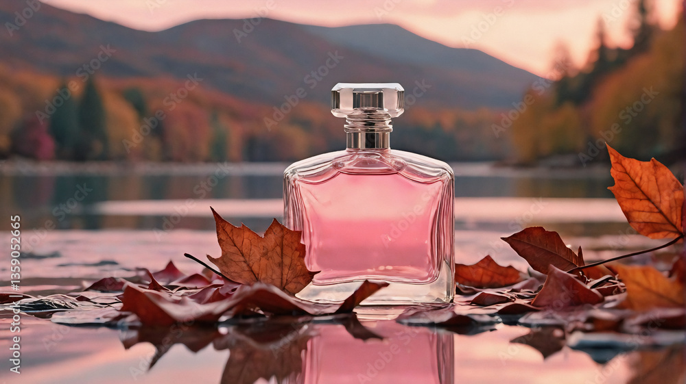 Poster a perfume bottle with pink liquid is surrounded by fallen autumn leaves. a scenic backdrop of a lake