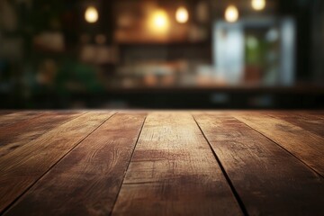 Rustic Wooden Table Surface with Blurred Cafe Background for Product Display