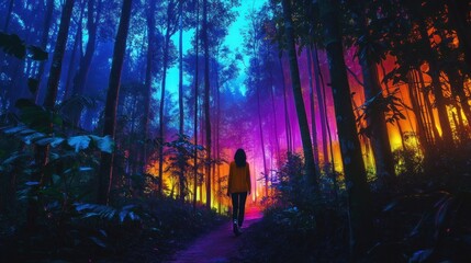Fototapeta premium A person walks a path through a vibrant, colorful forest at night