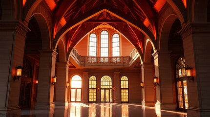 Obraz premium A Grand Hallway Bathed in Warm Light: The Elegance of Architectural Design