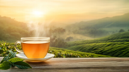A steaming cup of tea with green leaves on a wooden surface with a scenic tea plantation at sunrise, panoramic view with copy space