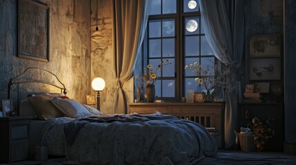 moonlit bedroom scene cozy and romantic nighttime interior