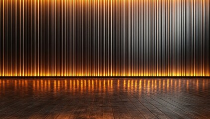 Naklejka premium Empty room with warm orange lighting and dark gray vertical panels. A polished wooden floor reflects the light