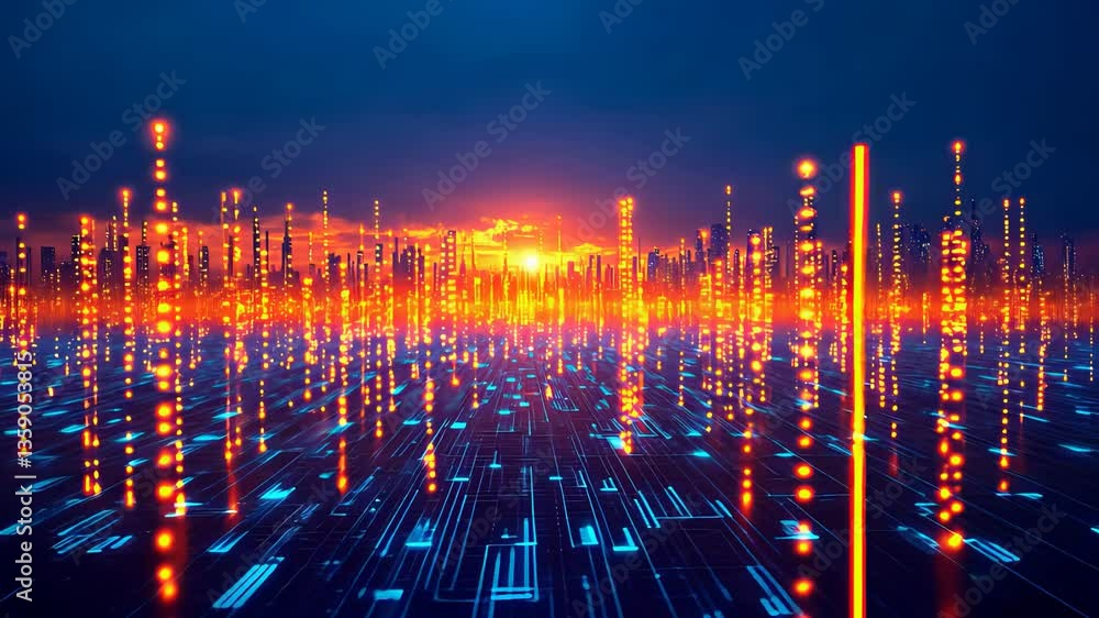 Poster futuristic digital grid with glowing lights at sunset technology data visualization video for tech i
