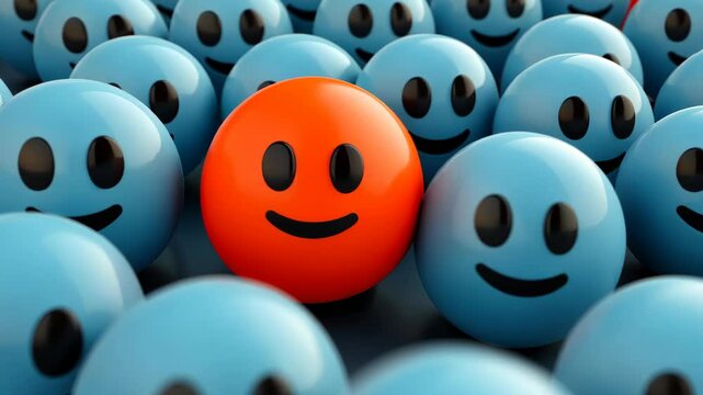 Bright orange smiley ball stands out among many blue smiley balls in a playful, colorful arrangement, representing individuality and happiness
