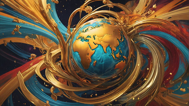 A golden globe with blue oceans is encircled by swirling gold, blue, and red ribbons against a dark background. Artistic and vibrant.