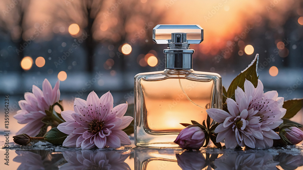 Poster perfume bottle with pink blossoms and buds. bokeh lights and soft winter backdrop create a dreamy, e
