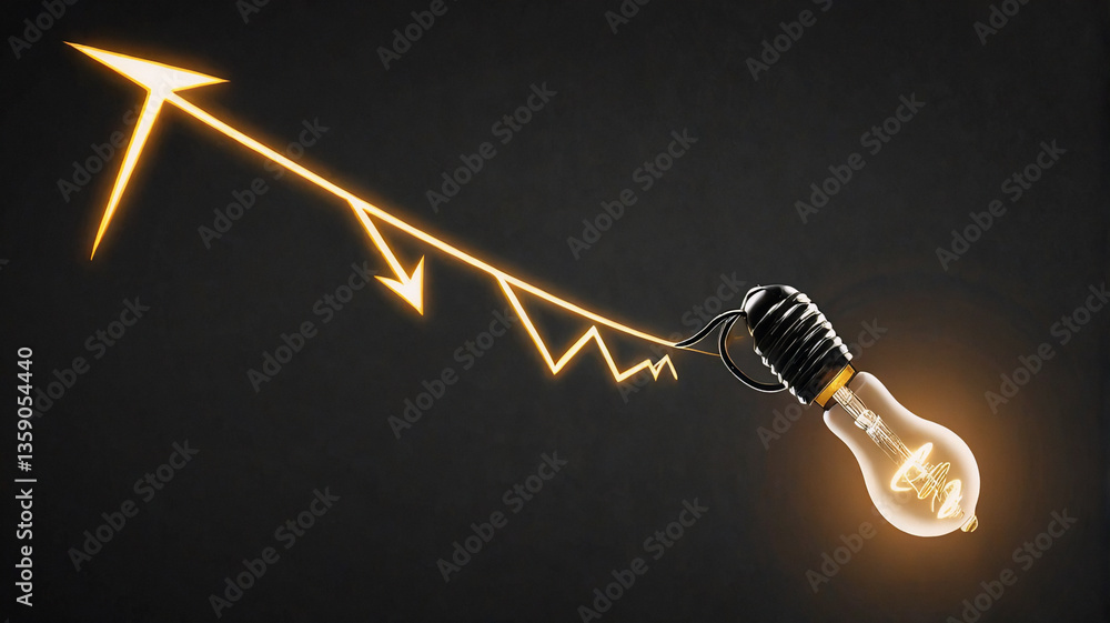 Aufkleber a bright lightbulb emits a yellow line that forms an upward trending arrow graph against a dark back