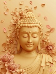 Golden Buddha Statue Surrounded by Flowers for Peaceful Art Print